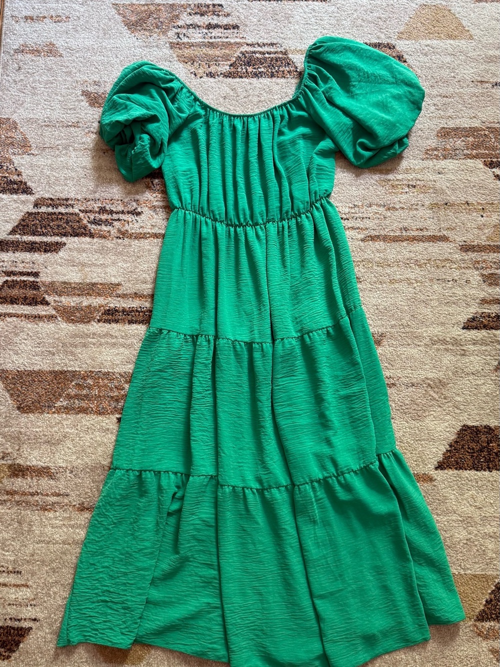 See You Monday Emerald Puff-Sleeve Tiered Midi Dress